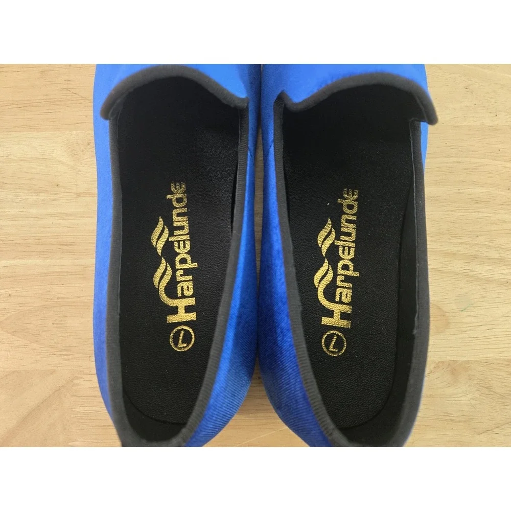 Harpelunde Men's Velvet Loafers Blue‎ Gold Lion Buckle Size 7